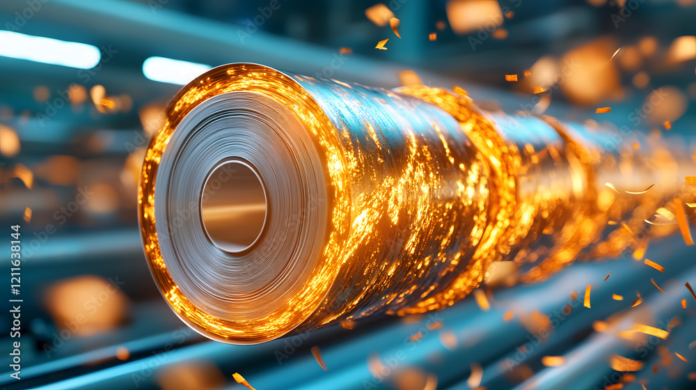 Poster a glowing metal roll emits sparks in a factory setting, highlighting industrial processes and the tr