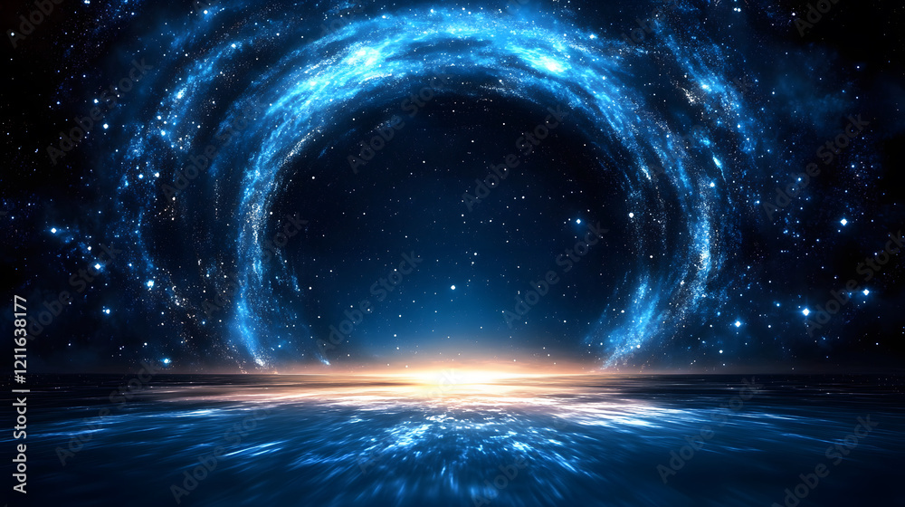 Poster a stunning cosmic scene featuring a glowing portal of blue light against a dark backdrop, suggesting