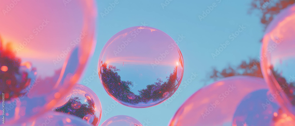 Fototapete surreal reflection of the environment captured in abstract spheres with glitter