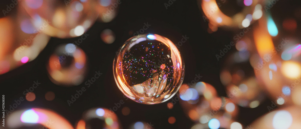 Poster abstract 3d spheres with glitter reflecting a surreal environment and artistic expression