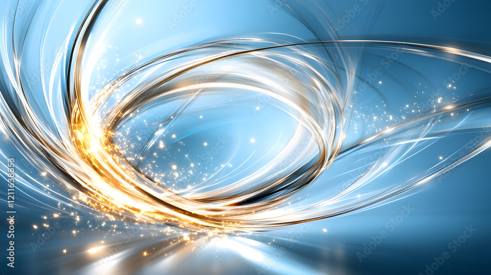 Poster a mesmerizing swirl of light and color, featuring glowing lines and sparkles against a soft blue bac
