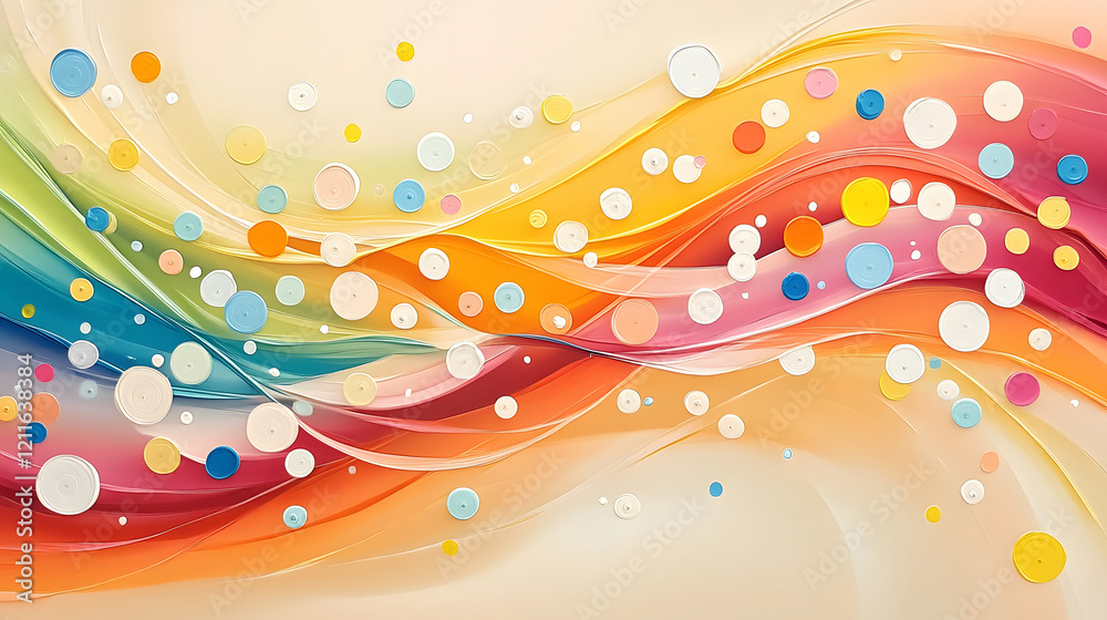 Poster A vibrant abstract artwork featuring flowing waves of color and playful polka dots, creating a joyful and dynamic visual experience