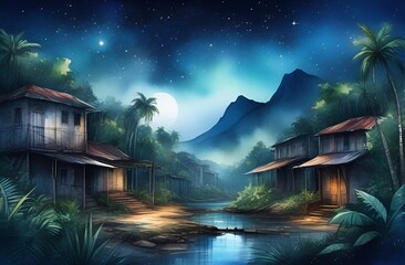 сказочная деревня с ночным небом 
