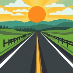 Vibrant Sunset Over a Serene Landscape with a Highway Stretching Towards the Horizon Surrounded by Lush Green Hills and a Clear Sky Filled with Soft Clouds