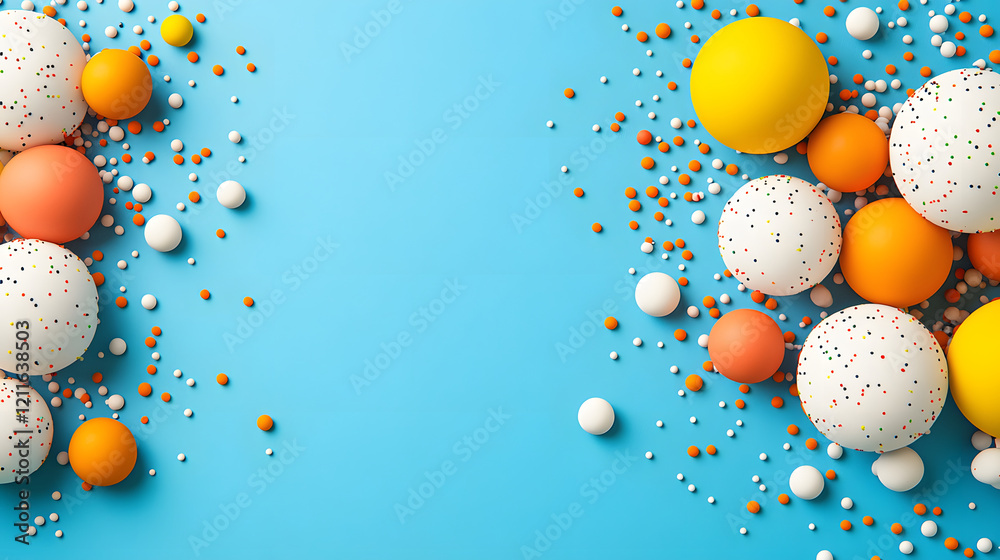 Poster colorful spheres and confetti arranged on a blue background, creating a festive and playful atmosphe