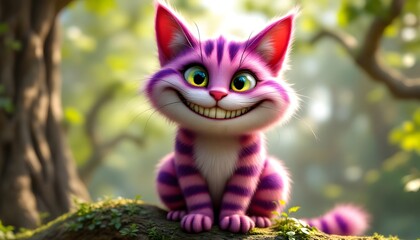 A whimsical Cheshire Cat digital art illustration, sitting on a mossy tree branch in a sun-dappled forest, a cheerful and playful image.