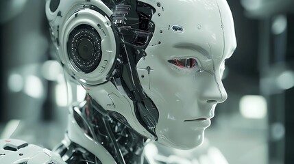 Advanced humanoid robot, close-up profile view, showcasing intricate mechanical details and realistic facial features. Futuristic technology, artificial intelligence.