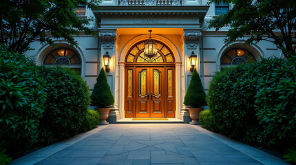 Fototapeta premium Majestic House Entrance at Night: Luxury Real Estate, Classic Architecture, Elegant Home Exterior