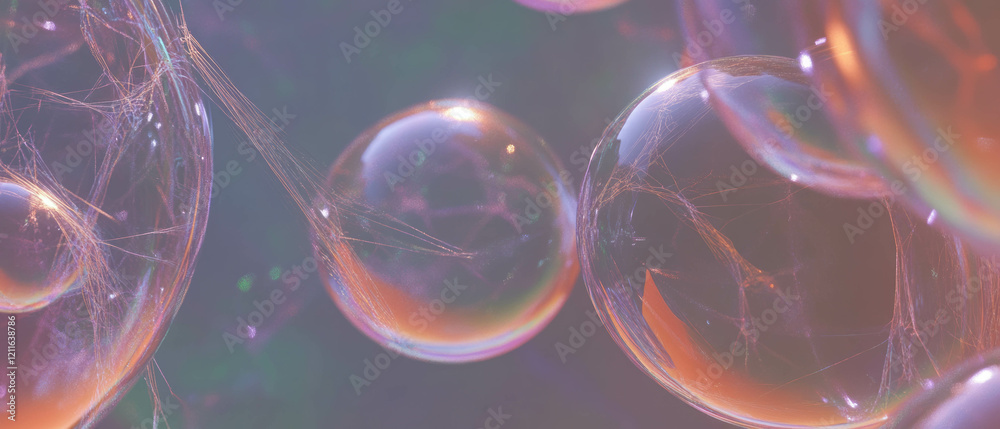 Poster abstract design featuring interconnected 3d spheres and glittering lines in a digital landscape