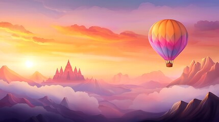 A breathtaking view of ancient temples under a colorful hot air balloon during sunrise, capturing the beauty of history and adventure in nature.