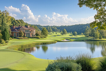 Fototapeta premium High-End Private Golf Course with Impeccably Manicured Fairways and Greens