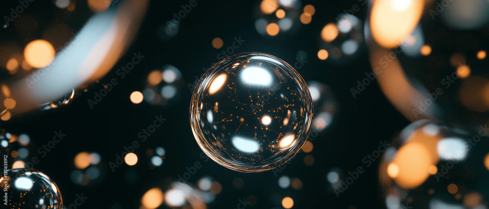 Poster glowing spheres suspended in a magical abstract atmosphere with glittering particles