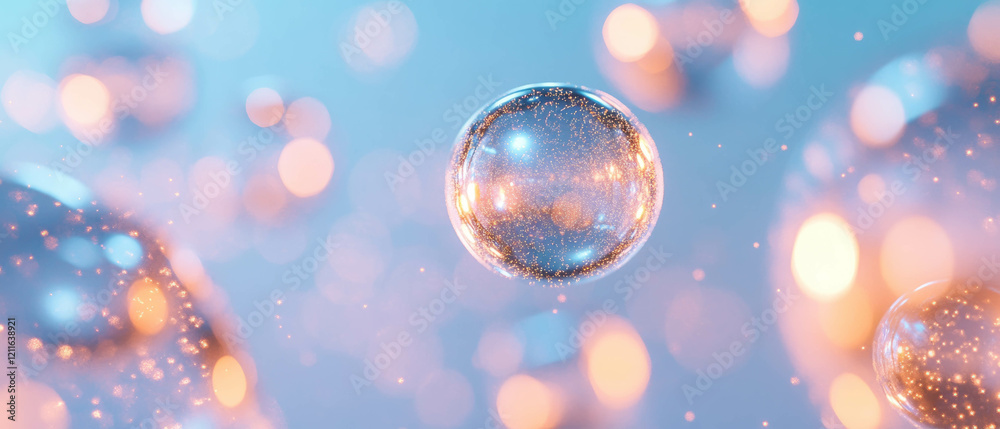 Poster this design showcases glowing spheres filled with internal light and shimmering particles