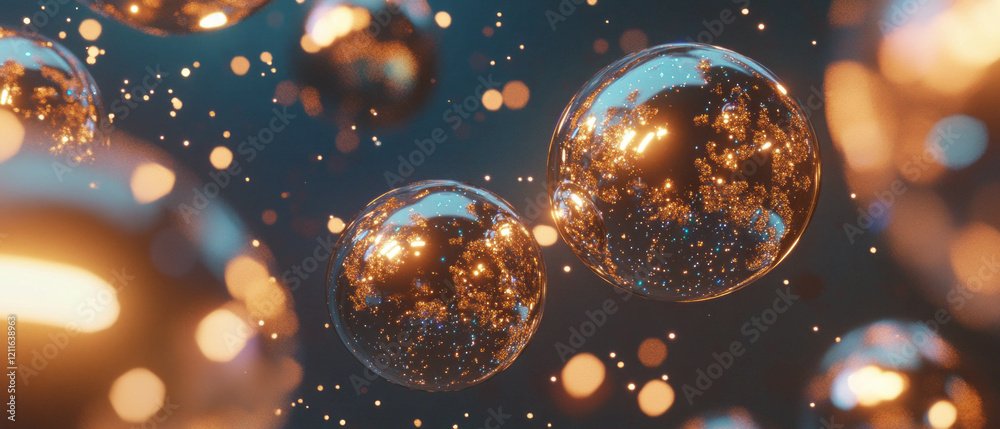 Poster abstract composition of luminous spheres surrounded by glitter particles creating magic vibes