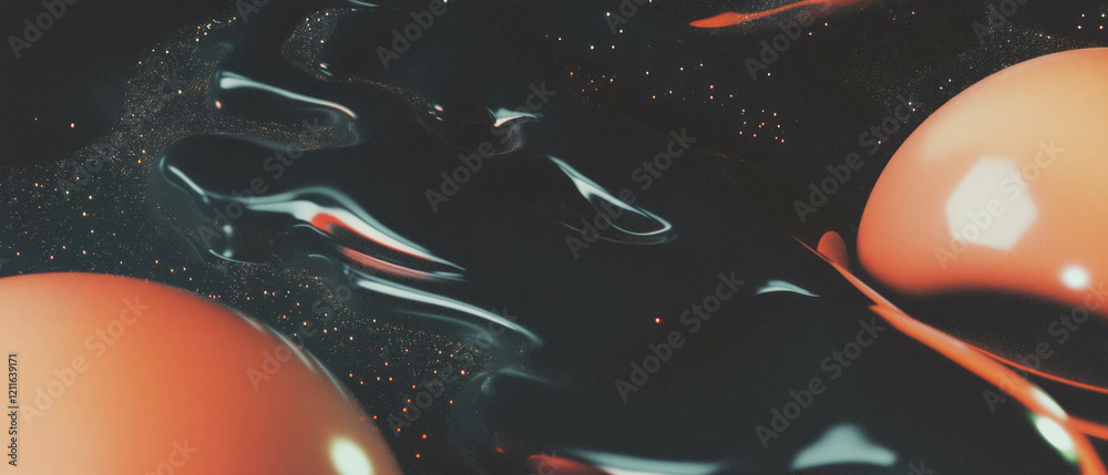 Poster abstract composition of 3d spheres with flowing organic shapes and glitter patterns