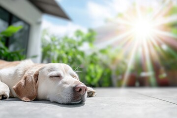 Dog relaxing on warm concrete under the summer sun, highlighting concerns of heat stress in urban environments