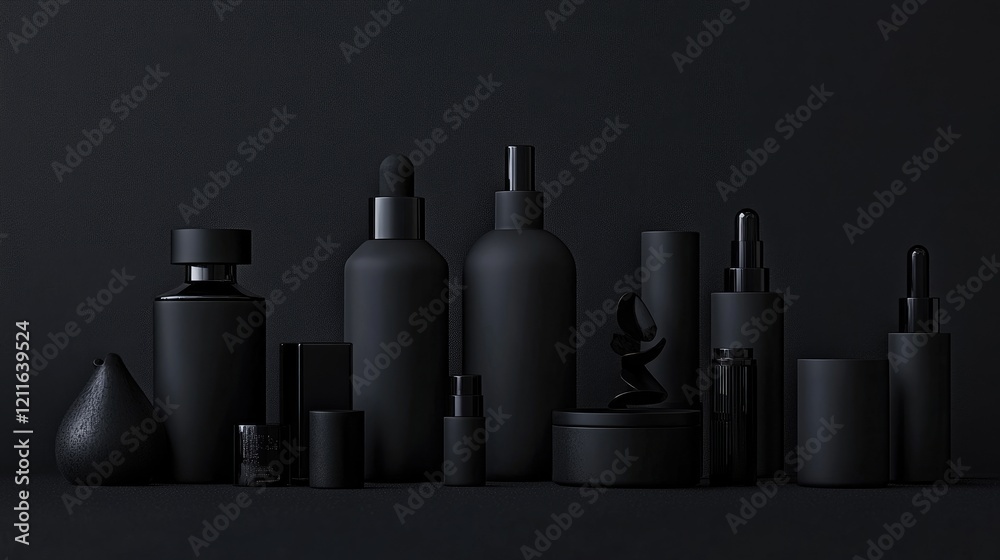 Poster a chic and minimalist display of black containers and bottles against a dark background, suitable fo