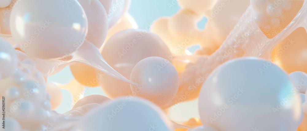 Poster abstract composition of textured 3d spheres with glitter and depth in a vibrant atmosphere