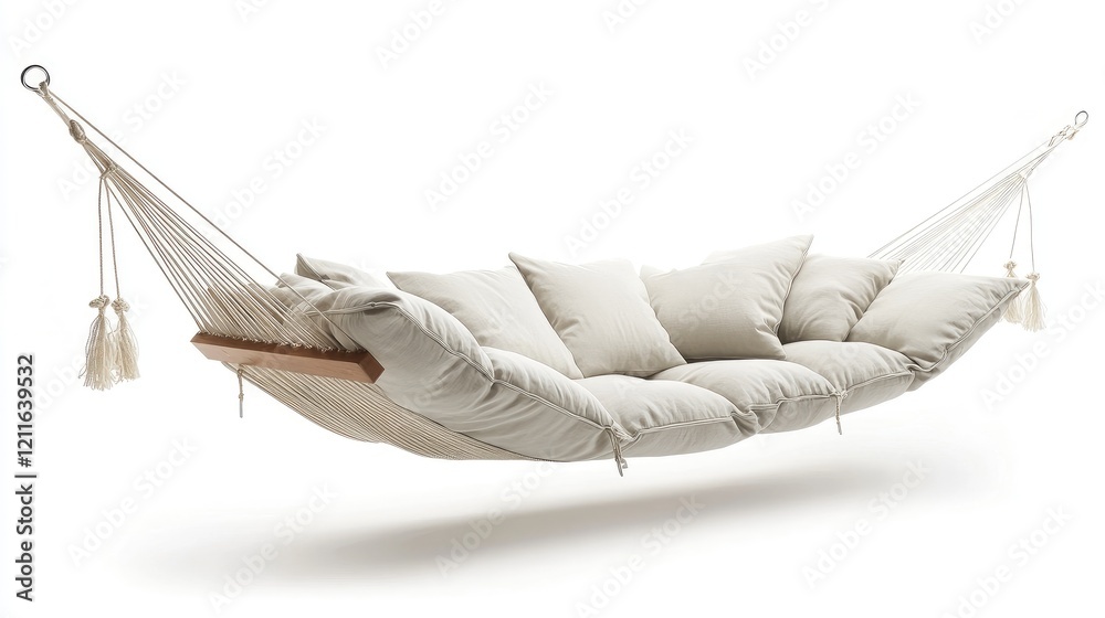 Poster a chic and inviting hammock with soft cushions, perfect for lounging in comfort, set against a clean