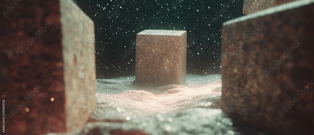 Poster 3d stone cubes surrounded by glitter dust create an abstract earthy environment
