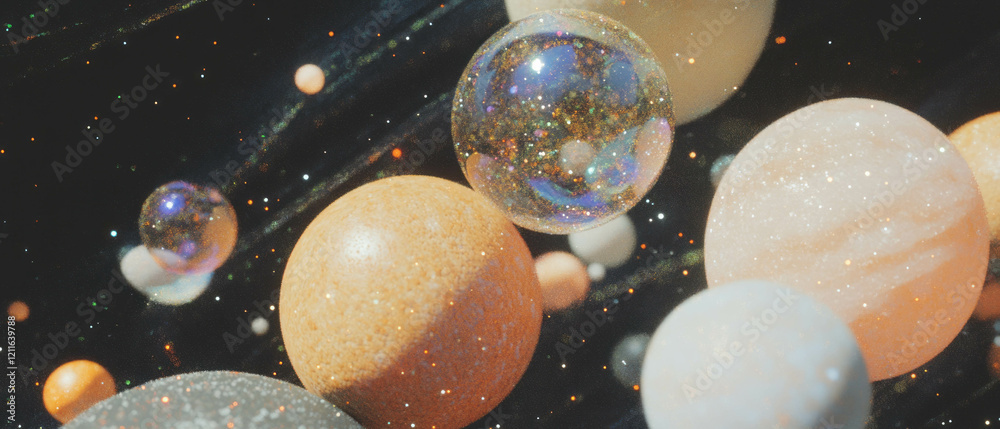 Poster exploring an abstract landscape of textured stone spheres in earthy tones with sparkling details