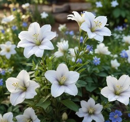 Obraz premium Elegant white blooms of platycodon grandiflorus in a summer garden setting, decorative, ornamental