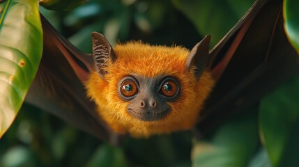 Fototapeta premium Close-up of a vibrant orange bat with large eyes perched among lush green leaves in a tropical setting