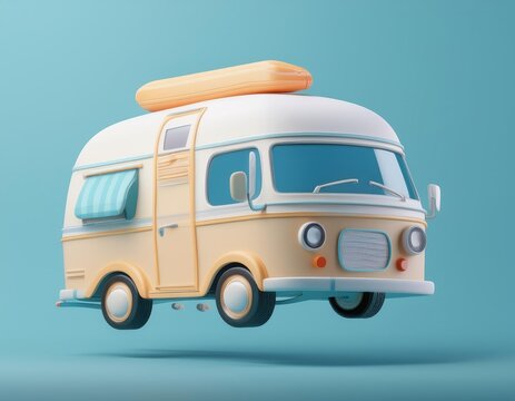 3D illustration whimsical campervan floats against a pastel blue backdrop ready for a summer adventure