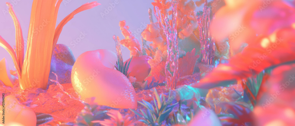 Poster vibrant abstract landscape filled with stylized trees and colorful foliage elements