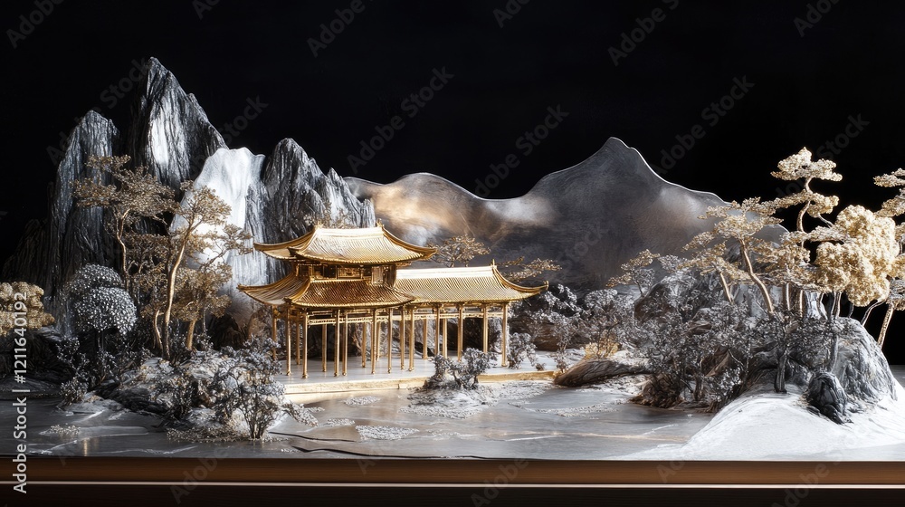 Poster a chinese landscape model with gold and silver foil mountains and pavilions, beautifully arranged wi