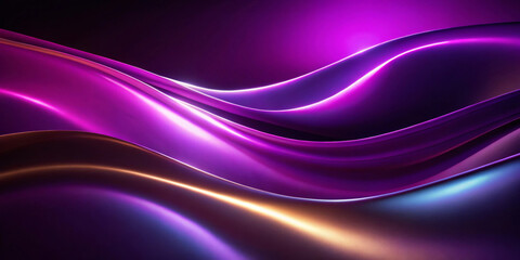 Vibrant waves of purple and pink flow across a dark background, creating a dynamic sense of movement. The smooth curves are highlighted by subtle reflections of light in blue and gold tones.AI