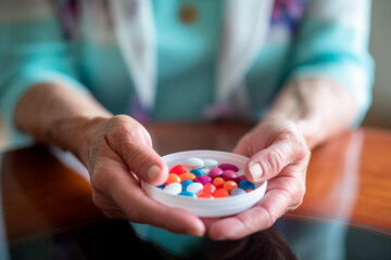 Older adult taking daily pills, ensuring stability and continuous health care