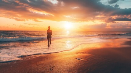 Solitude at Sunset: A Woman Silhouetted Against the Golden Ocean
