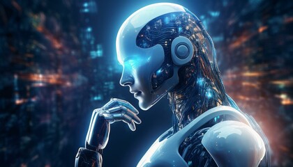 Fototapeta premium Futuristic AI Robot – Thinking Cyborg with Blue Lights, Advanced Technology, Artificial Intelligence Concept, and Robotics Design