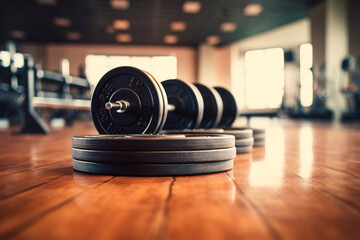 Abandoned gym warehouse with metal equipment, minimalist and grunge style