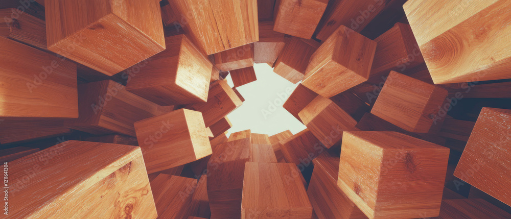 Poster Wooden cubes create an abstract background with rustic charm and warmth in the center space