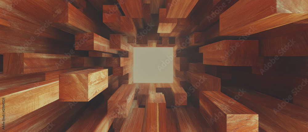 Poster Exploring abstract wooden cubes with warm colors and glitter patterns in a rustic environment