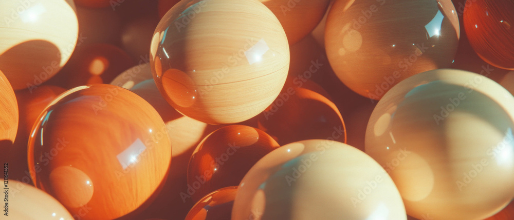 Poster warm abstract background featuring wooden spheres and intricate glitter patterns