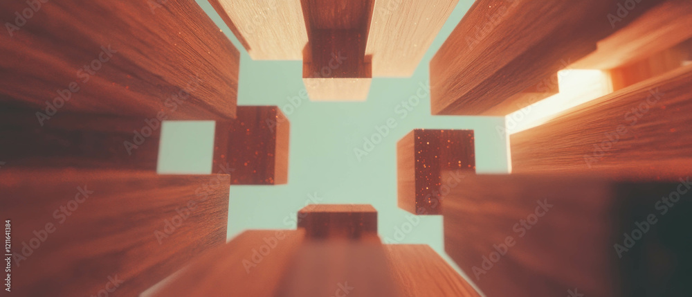 Poster 3D abstract wooden cubes with carved glitter patterns and warm rustic colors