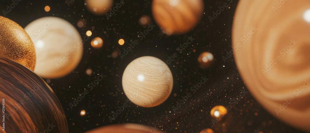 Poster Warm and rustic abstract background featuring floating wooden spheres with glitter patterns