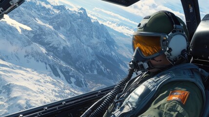 A close-up of a fighter jet pilot in full flight gear, gazing at the breathtaking mountain range from the cockpit, capturing the essence of aviation and adventure.