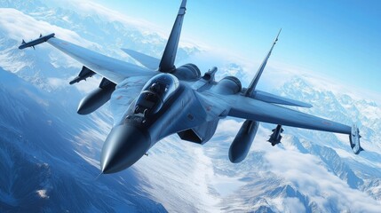 Fototapeta premium A close-up of a fighter jet pilot in full gear, navigating through the skies above towering mountain peaks, with clear blue skies and exhilarating speed.