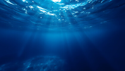 A dramatic underwater view of the deep blue sea during a storm, with abstract blurred waves and dynamic motion, evoking intensity and mystery