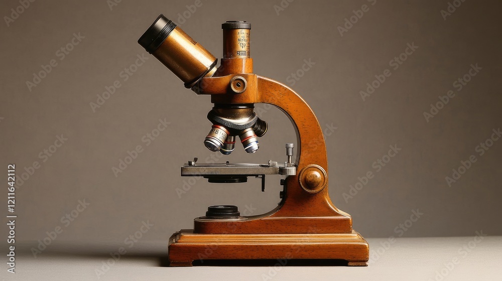 Poster a close-up of a professional microscope, illuminated gently by soft light, showcasing its fine detai