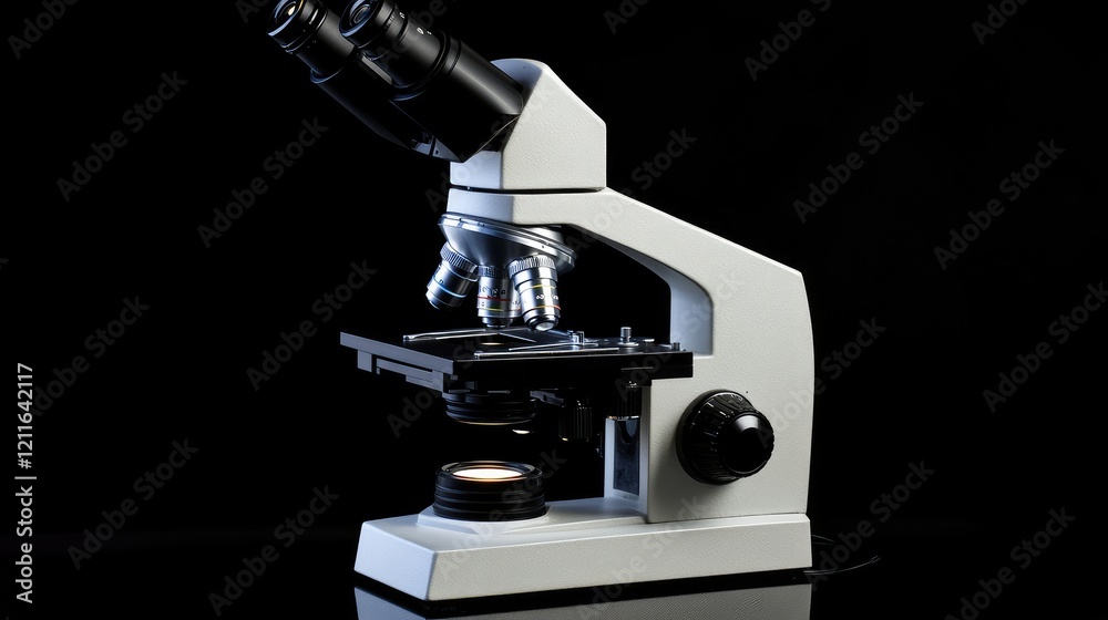 Poster a close-up of a professional microscope, illuminated gently by soft light, showcasing its fine detai