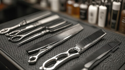 A detailed shot of high-quality barber tools, including scissors and combs, placed on a workstation. The metallic finish and sleek design reflect the precision 