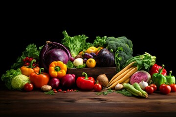 Colorful assortment of fresh vegetables spilling out of a wooden crate onto a rustic wooden table against a black background