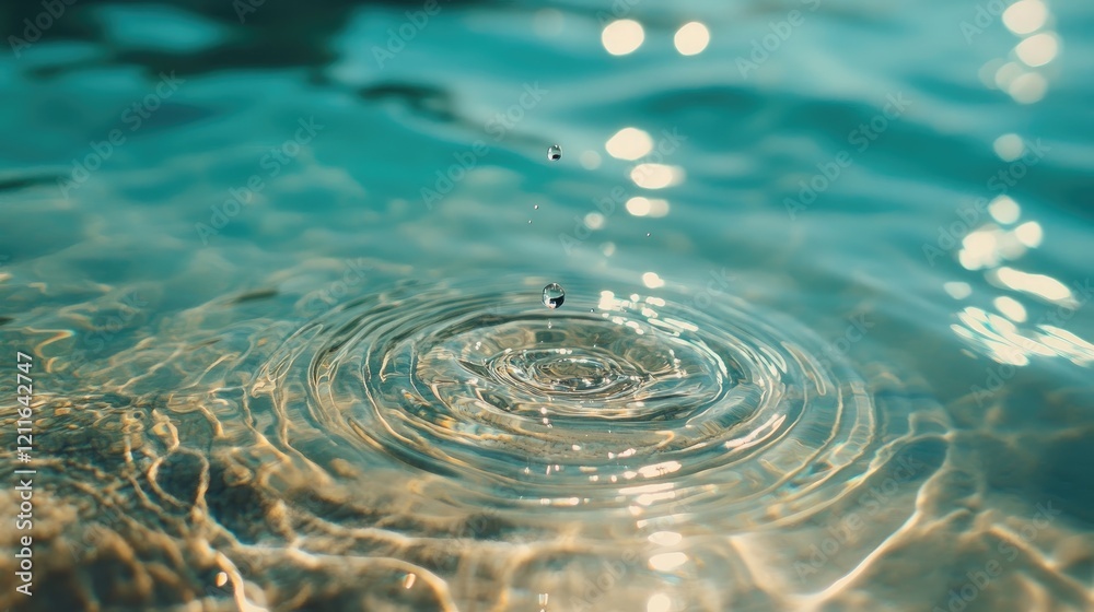 Poster a close-up of a water droplet falling into the ocean, creating expanding ripples in the clear water,