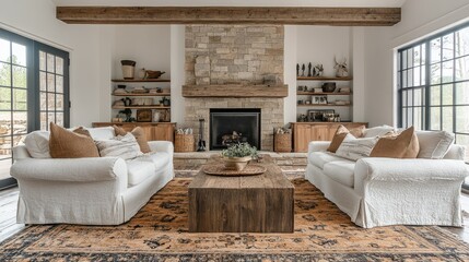 Rustic Living Room With Stone Fireplace And Comfortable Couches