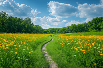 Smooth Running Trail Unfolds in Expansive Green Field with Flat Horizon